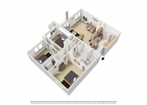 Floor plan for 3 beds, 2 baths, 1250 sqft